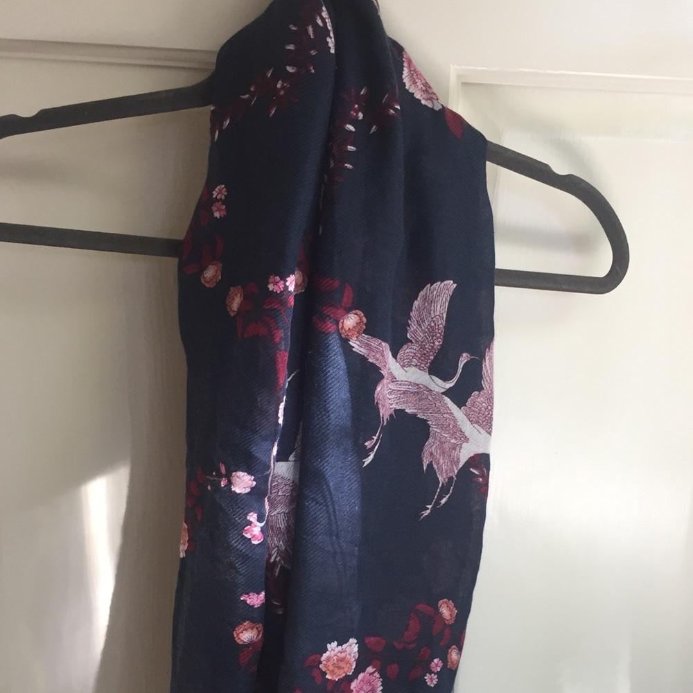 Navy Infinity Scarf with Cranes and Carnations